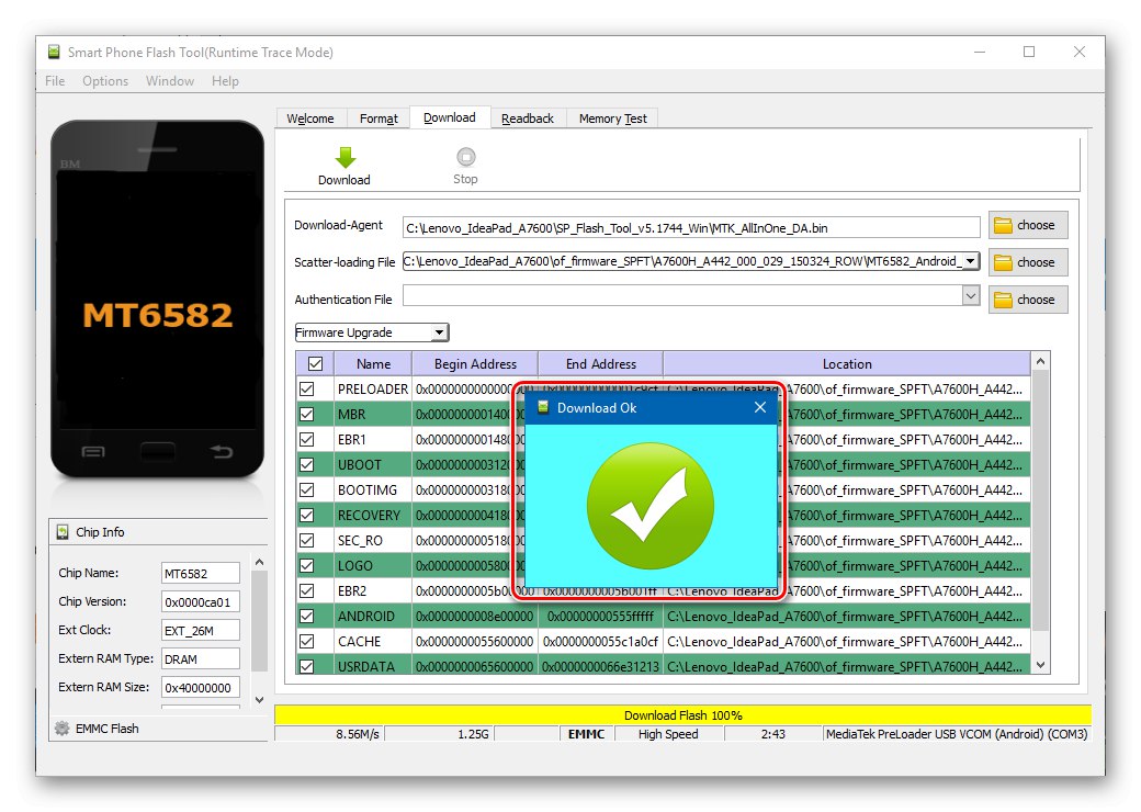 Фърмуерът на Lenovo IdeaPad A7600 SP Flash Tool завършен