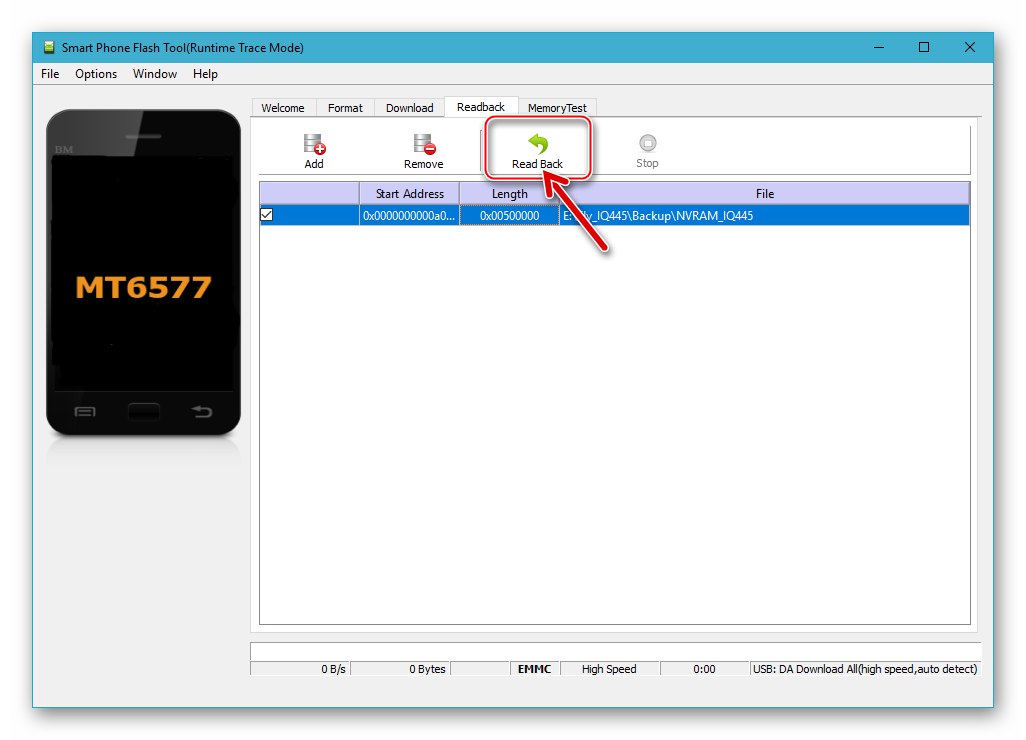 Fly IQ445 SP Flash Tool započnite s čitanjem podataka iz memorije uređaja prilikom izrade sigurnosne kopije - gumb Nazad