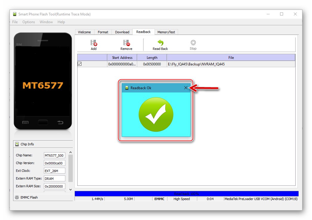Fly IQ445 SP Flash Tool čita podatke iz NVRAM područja i izrada sigurnosne kopije je dovršena