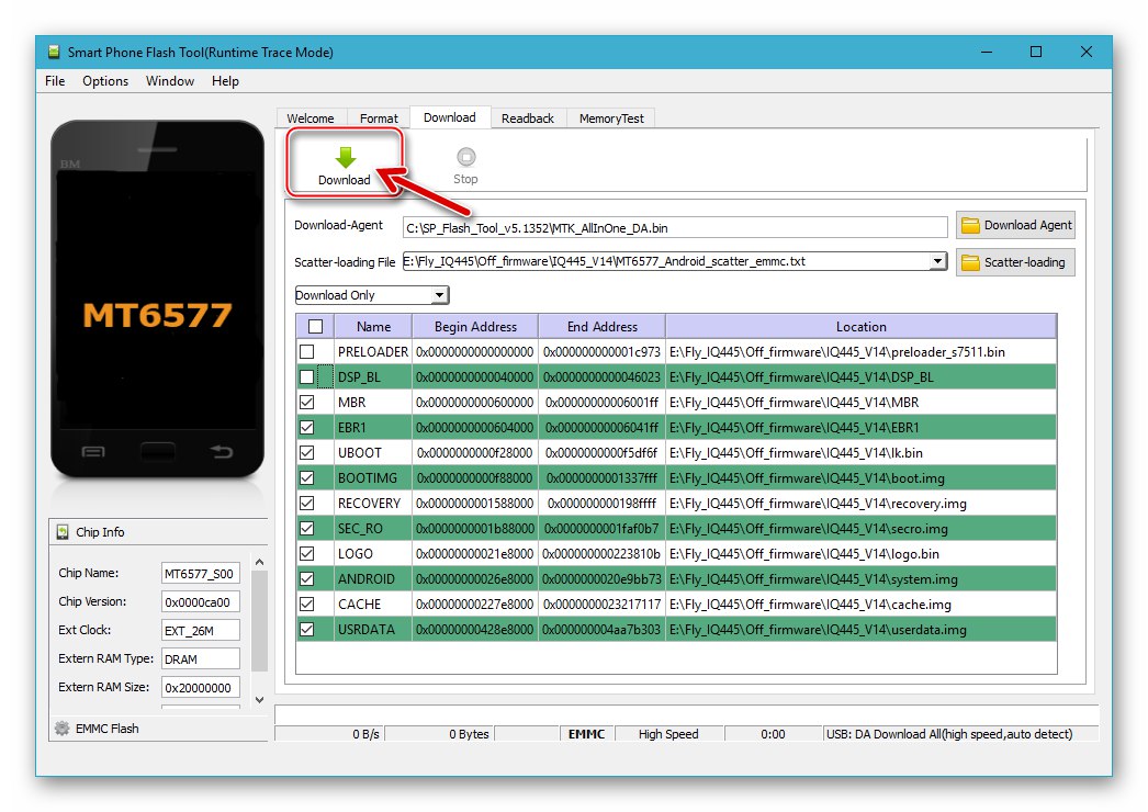 Fly IQ445 firmware pomoću SP Flash Tool - početak postupka za prepisivanje memorijskih odjeljaka