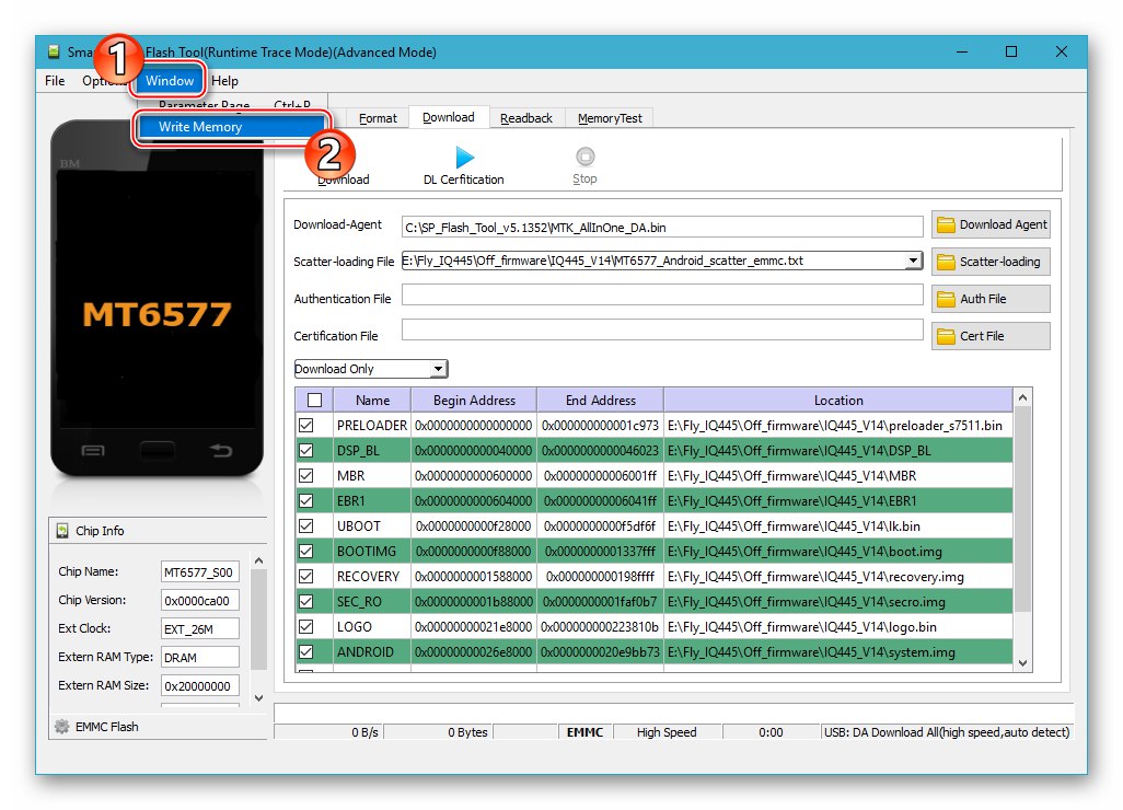 Fly IQ445 Aktiviranje prikaza kartice Write Memory u alatu SP Flash