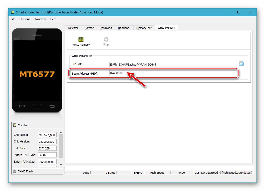 Fly IQ445 SP Flash Tool Unos vrijednosti u polje Begin Address (HEX) za vraćanje NVRAM-a iz sigurnosne kopije