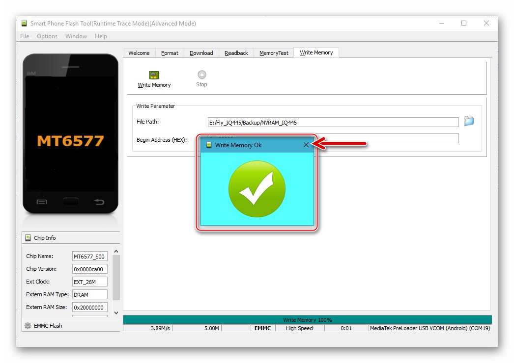 Završen je postupak Fly IQ445 za vraćanje NVRAM particije iz sigurnosne kopije putem SP Flash Alata