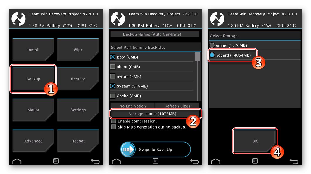 Fly IQ445 stvara Nandroid sigurnosnu kopiju putem TeamWinRecovery (TWRP) odabirom memorijske kartice za spremanje