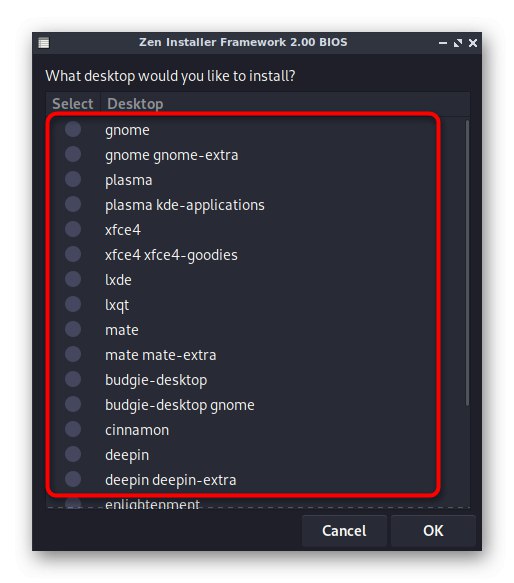Вибір стандартного графічного оточення перед установкою Zen Installer