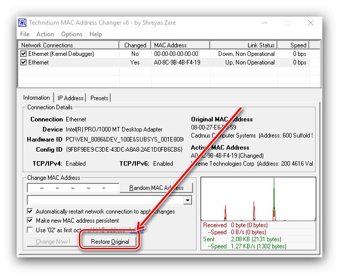 Възстановете оригиналния бутон след промяна на MAC адреса в Windows 10 с помощта на Technitium MAC Address Changer