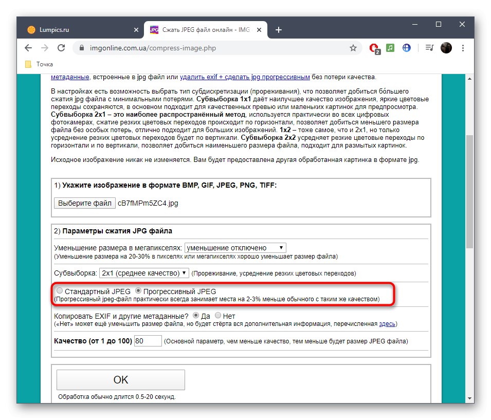 Избор на стандарт за формат на картината в онлайн услугата IMGonline преди компресиране без загуби