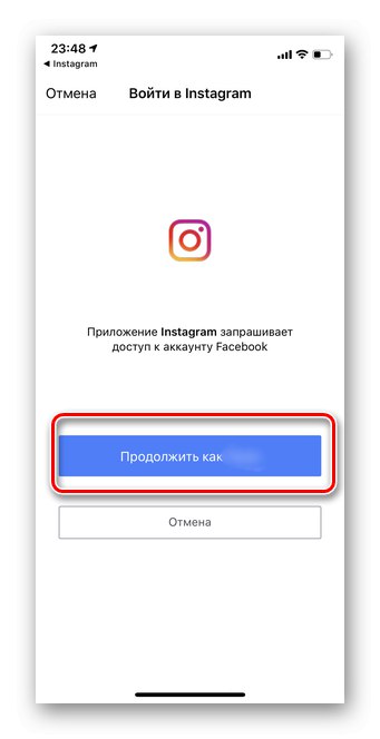 Kliknite na continue as za spajanje računa na mobilnom Instagramu