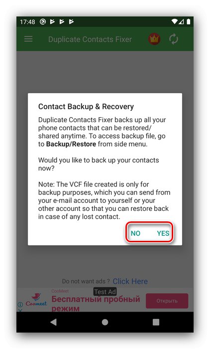 Ustvarite varnostne kopije, da odstranite podvojene stike v Androidu s programom Duplicate Contacts Fixer
