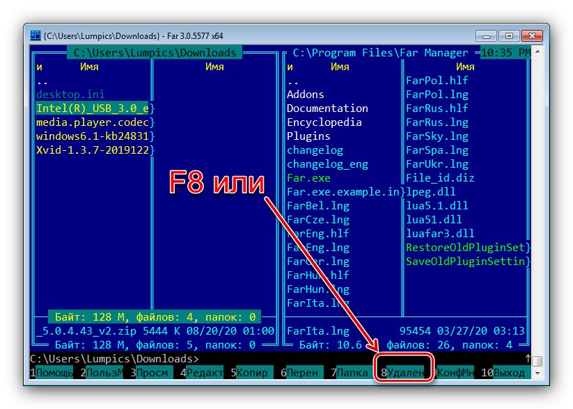 Započnite prijenos u otpad za čišćenje preuzimanja u sustavu Windows 7 putem FAR Managera