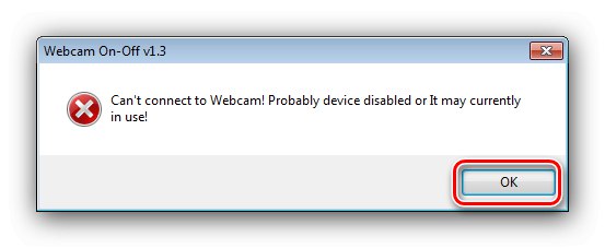 Komunikat o pomyślnym odłączeniu kamery internetowej w systemie Windows 7 za pomocą funkcji Webcam On-Off