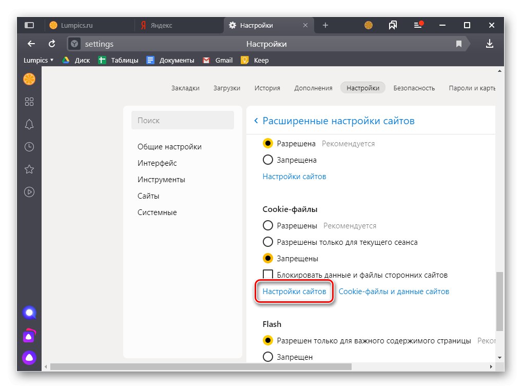 Отидете в настройките на сайта, за да видите бисквитки в Yandex Browser на компютър