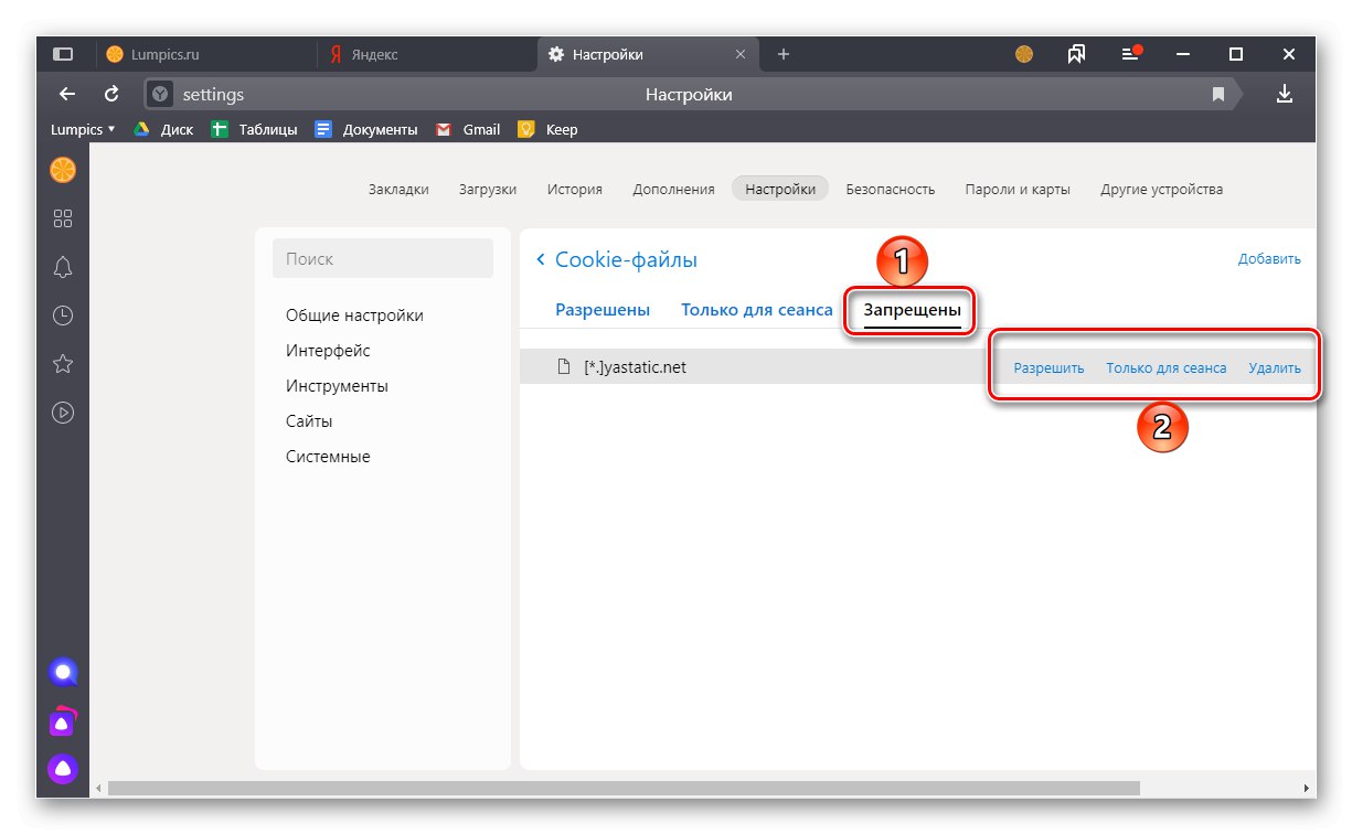 Опции за взаимодействие със забранени бисквитки в Yandex Browser на компютър