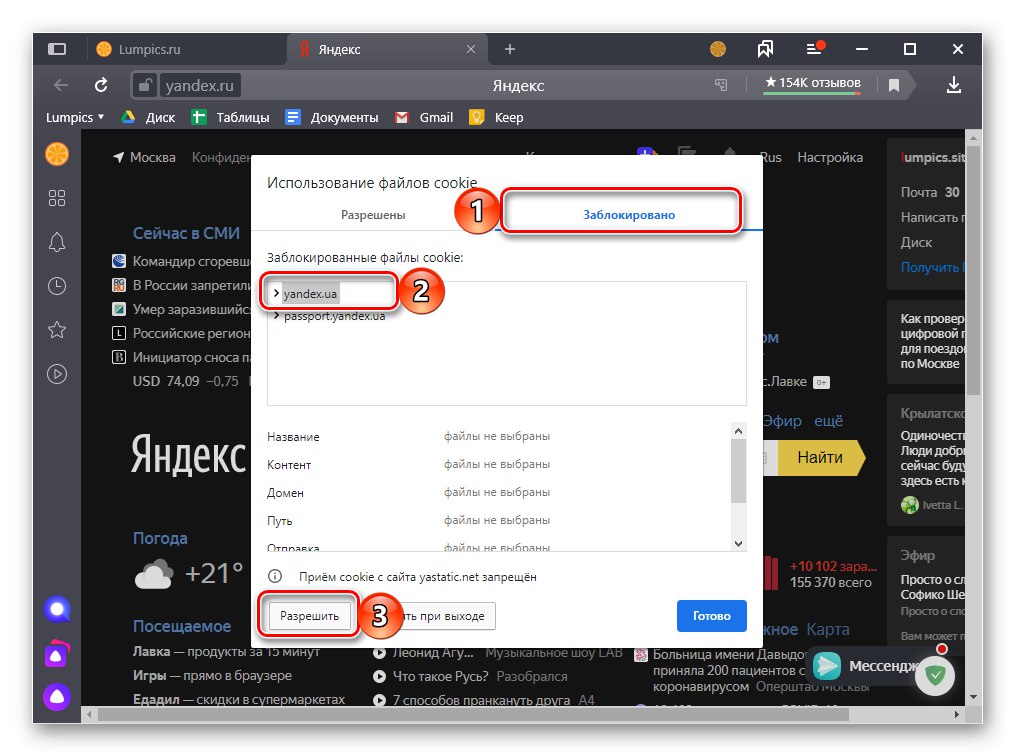 Преглед на сайтове с деактивирани бисквитки в Yandex Browser на компютър