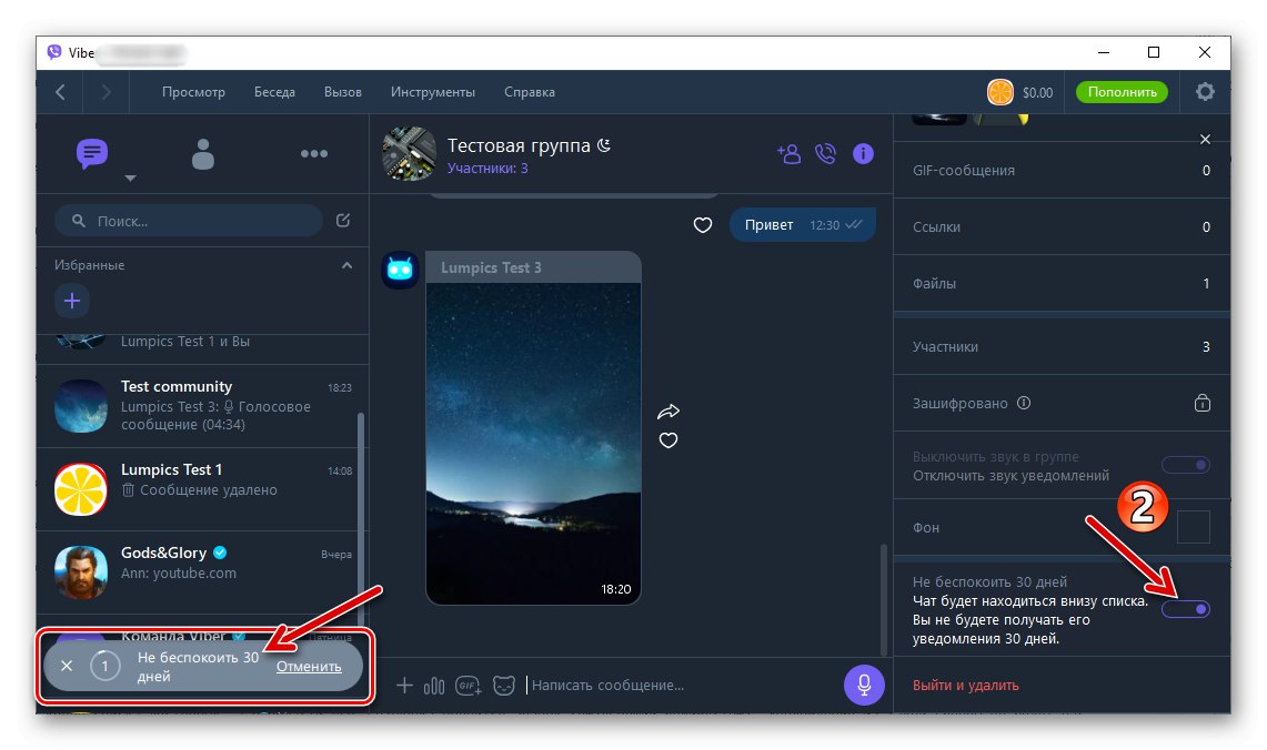 Viber برای ویندوز فعال کنید 30 روز را برای گروه یا انجمن مزاحم نکنید