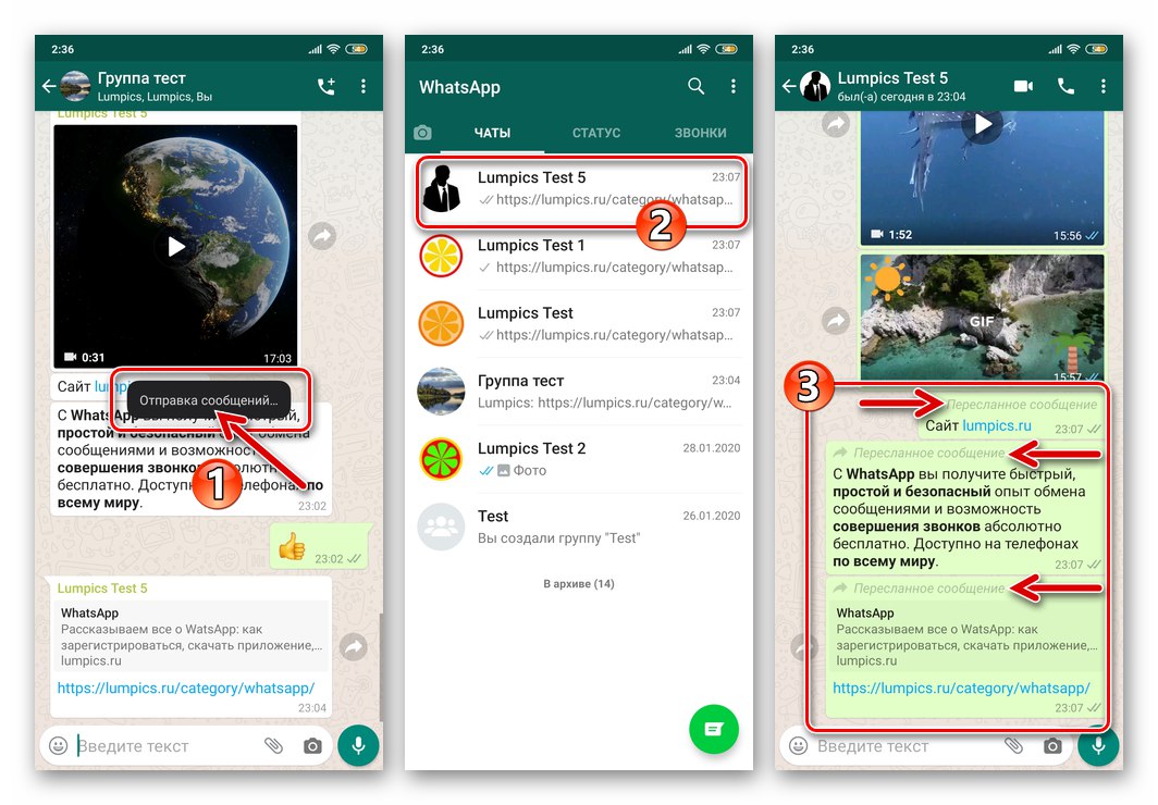 WhatsApp за Android процесът на препращане на съобщения от един чат в друг, проверка на доставката