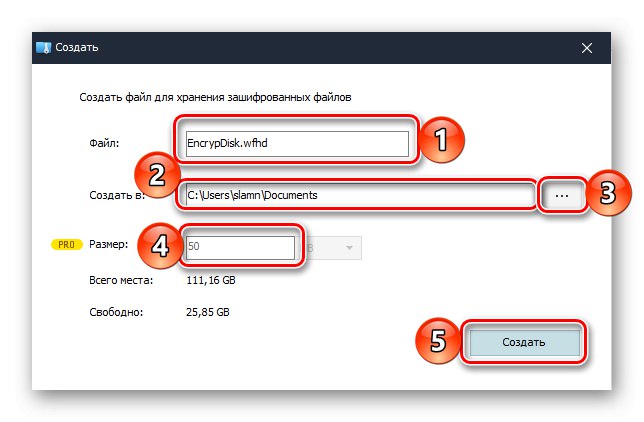 Definiowanie parametrów tworzonego zaszyfrowanego pliku w programie Wise Folder Hider