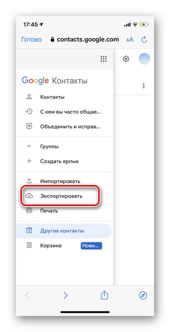 Izbira Izvozi stike za obnovitev Google Stikov v mobilni različici iOS