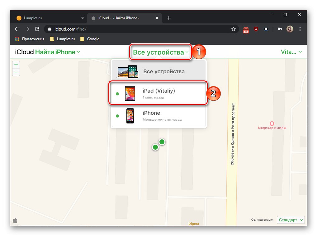 انتخاب دستگاه در وب سایت iCloud برای تنظیم مجدد iPad
