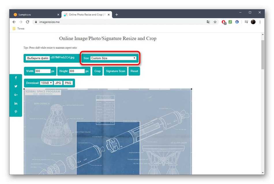 Отваряне на меню за избор на размер на снимка чрез онлайн услугата ImageResize