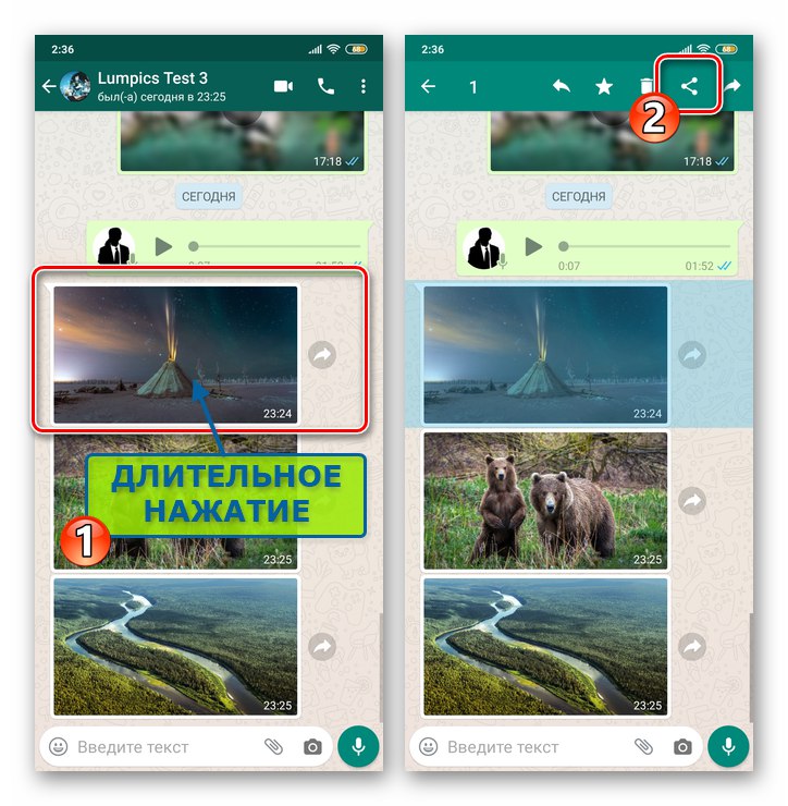 WhatsApp за Android изберете Споделяне за избраното картинно съобщение в разговора