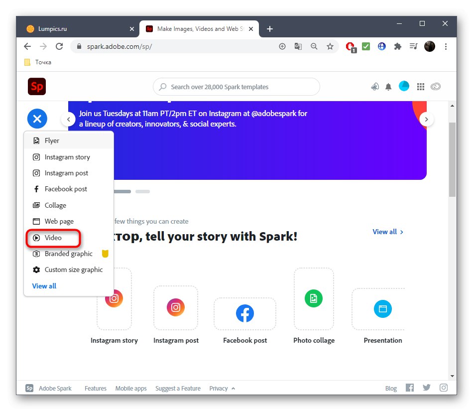 Výber projektu na animáciu obrázka v online službe Adobe Spark