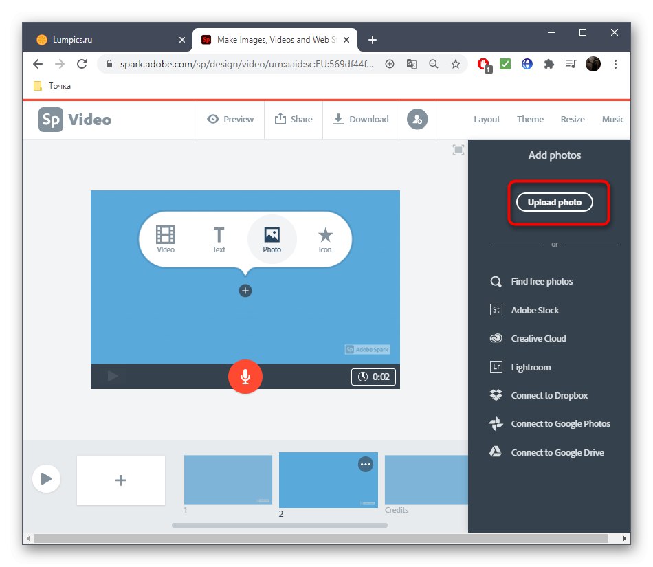 Tlačidlo na nahrávanie obrázkov v online službe Adobe Spark