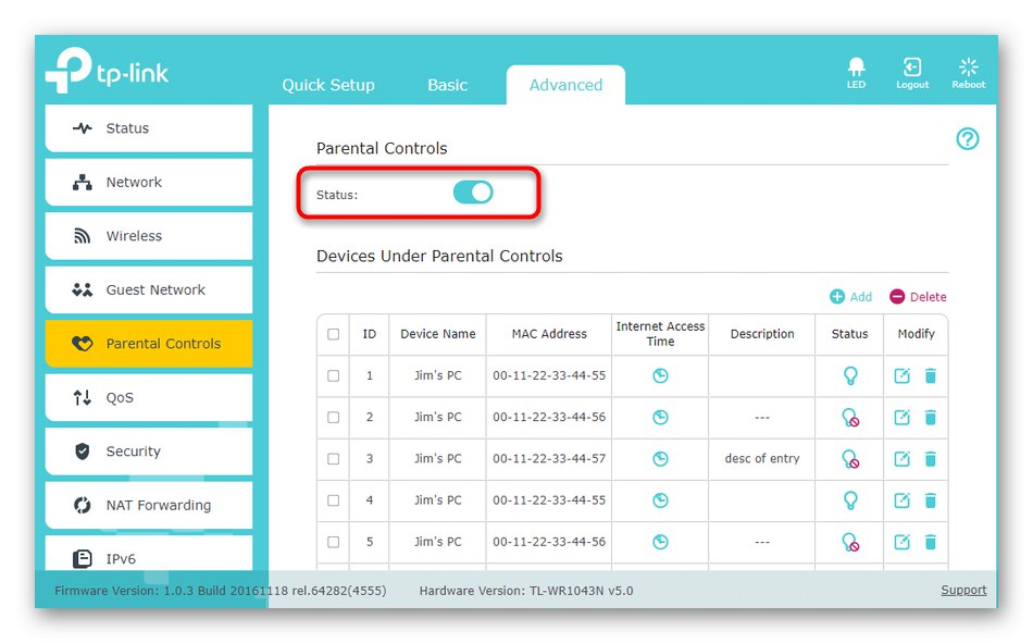 Активиране на родителския контрол в уеб интерфейса на рутера за блокиране на сайтове на компютъра