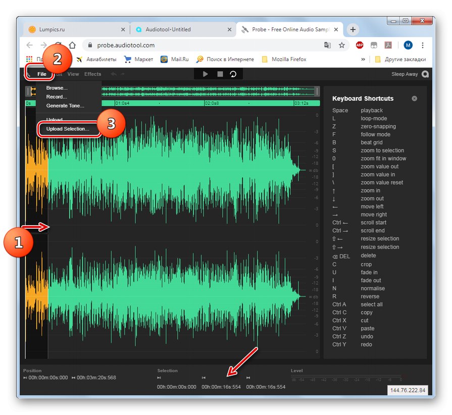 Odabir dijela melodije za preuzimanje za mrežni studio Audiotool u pregledniku Open u pregledniku Google Chrome
