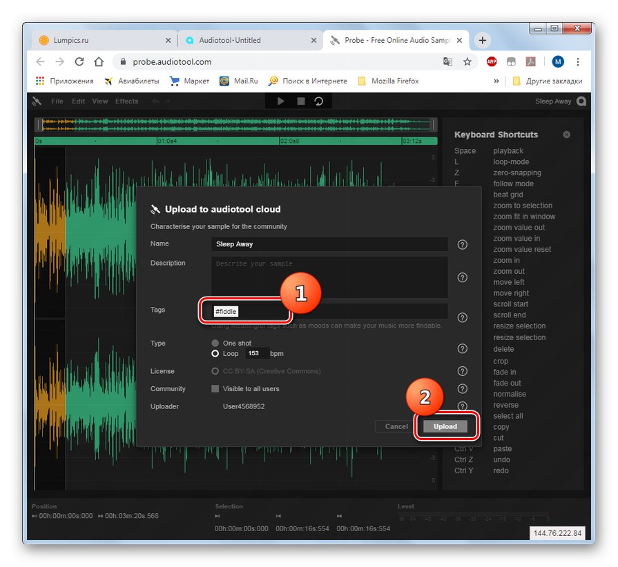 Učitavanje uzorka za internetski studio Audiotool u Open u pregledniku Google Chrome