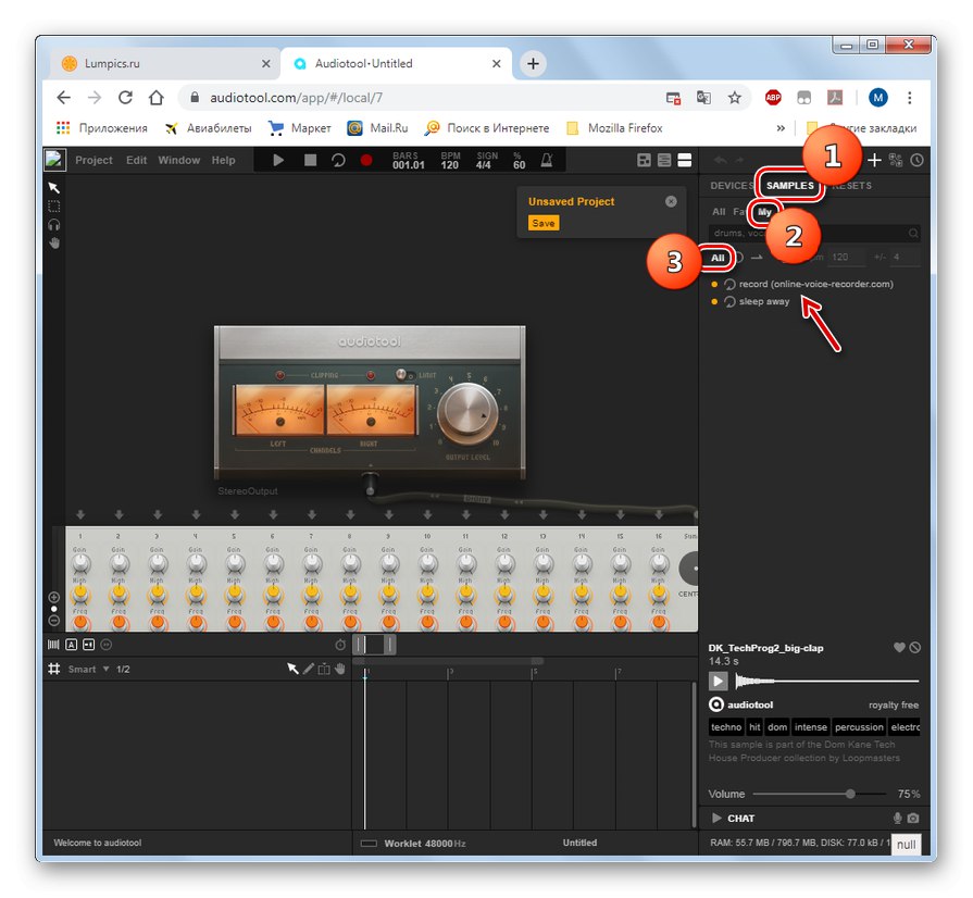 Idite na popis uzoraka u mrežnom studiju Audiotool u pregledniku Google Chrome