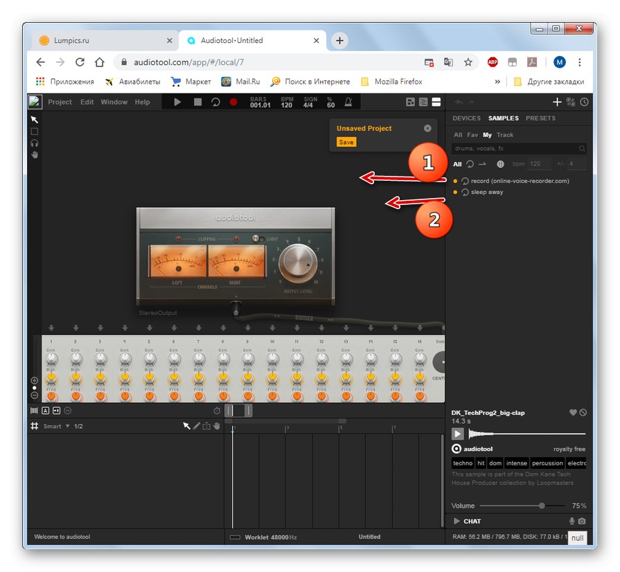 Povucite i ispustite uzorke u mrežnom studiju Audiotool u pregledniku Google Chrome