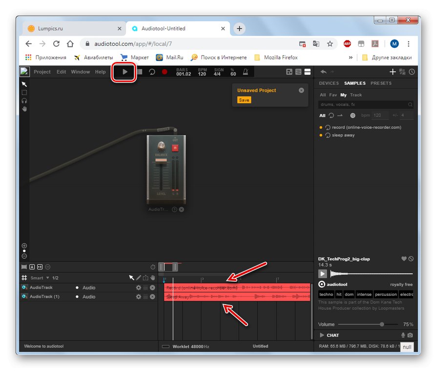 Pokretanje reprodukcije rezultirajuće skladbe u mrežnom studiju Audiotool u pregledniku Google Chrome