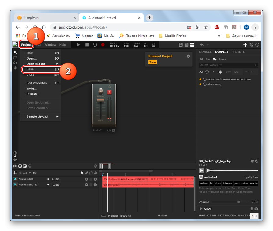 Idite na spremanje kompozicije u internetski studio Audiotool u pregledniku Google Chrome