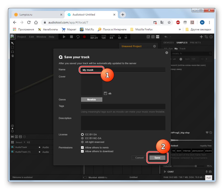 Spremanje skladbe u internetski studio Audiotool u pregledniku Google Chrome