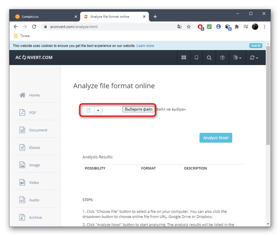 Prejdite na výber súboru a určte jeho formát prostredníctvom služby online Aconvert