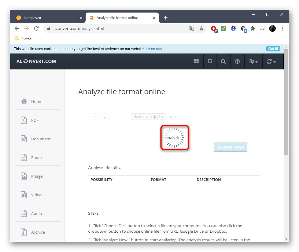 Operácia analýzy súboru pri určovaní jeho formátu prostredníctvom služby online Aconvert