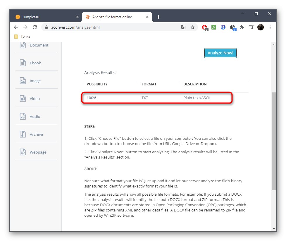 Úspešné určenie formátu súboru prostredníctvom online služby Aconvert