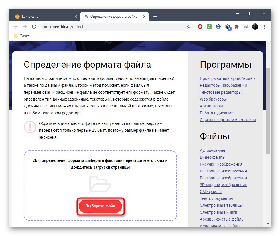 Prejdite na výber súboru a určte jeho formát prostredníctvom služby Open File online