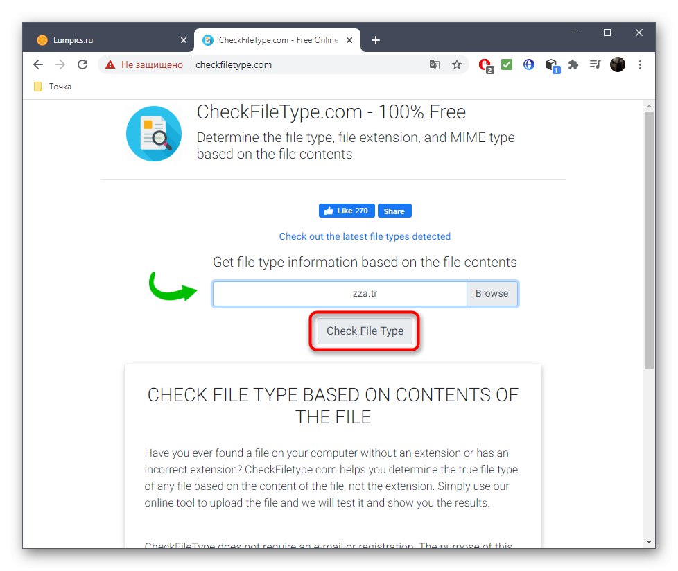 Tlačidlo na definovanie formátu súboru prostredníctvom online služby CheckFileType