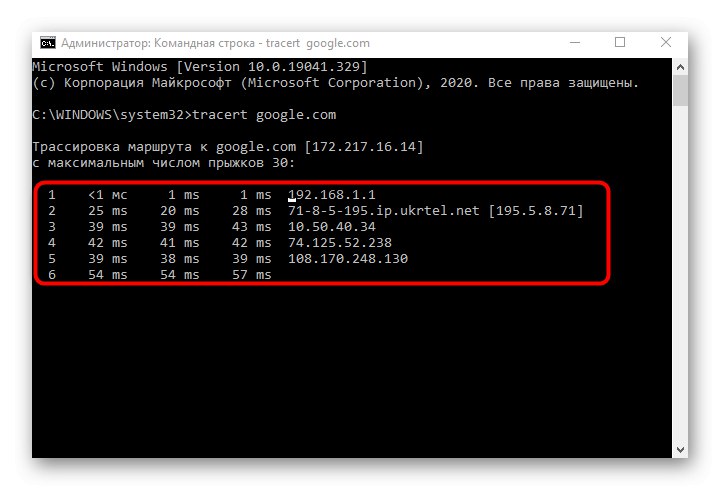 Výsledek kontroly stability sítě pomocí příkazu tracert
