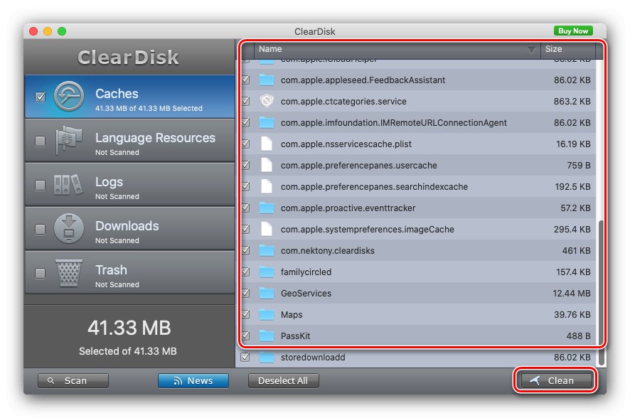 Wybieranie plików do wyczyszczenia pamięci podręcznej macOS za pomocą ClearDisk