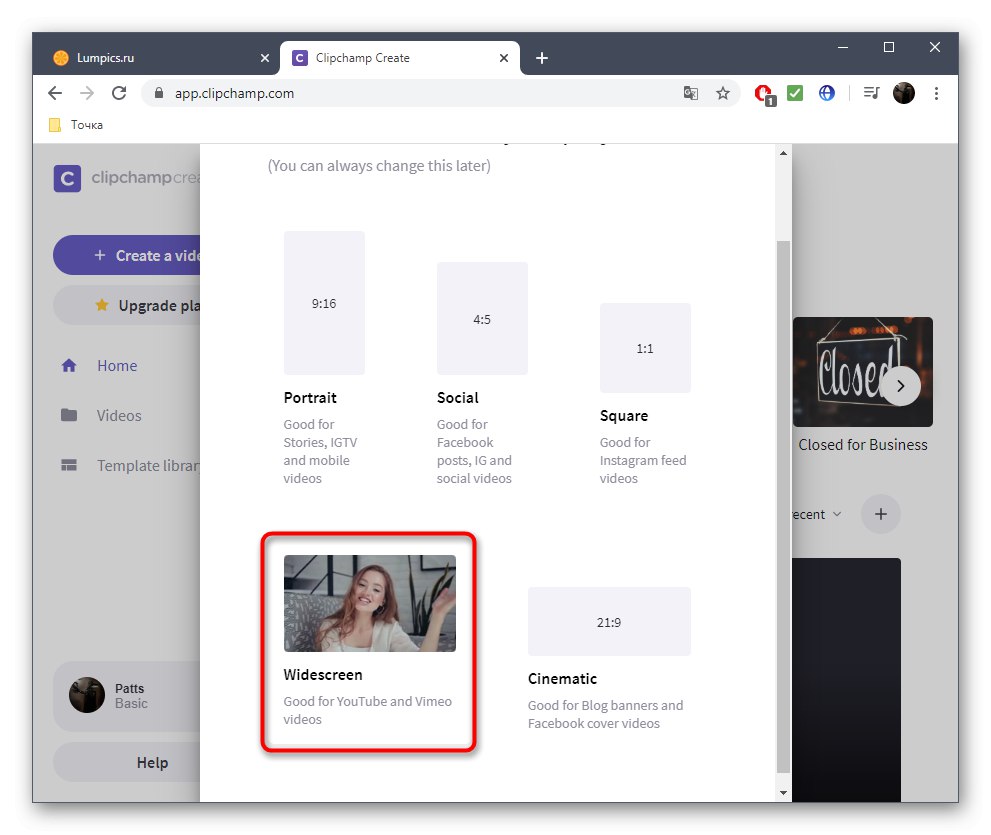 قبل از پیوستن به ویدیوها ، انتخاب قالب پروژه در سرویس آنلاین Clipchamp