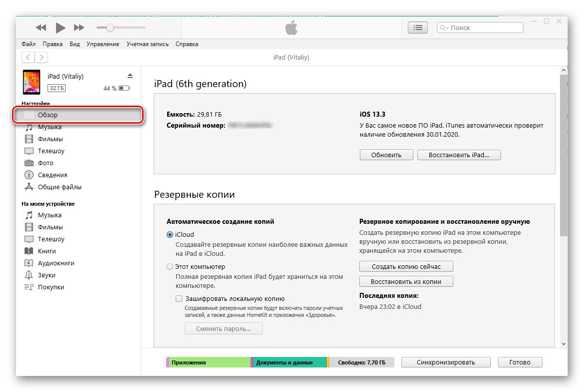 برای مدیریت iPad در iTunes به تب Overview بروید