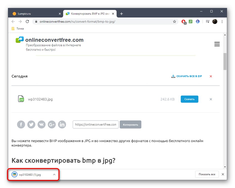 Успешно изтегляне на готовия файл след конвертиране на BMP в JPG чрез онлайн услугата OnlineConvertFree