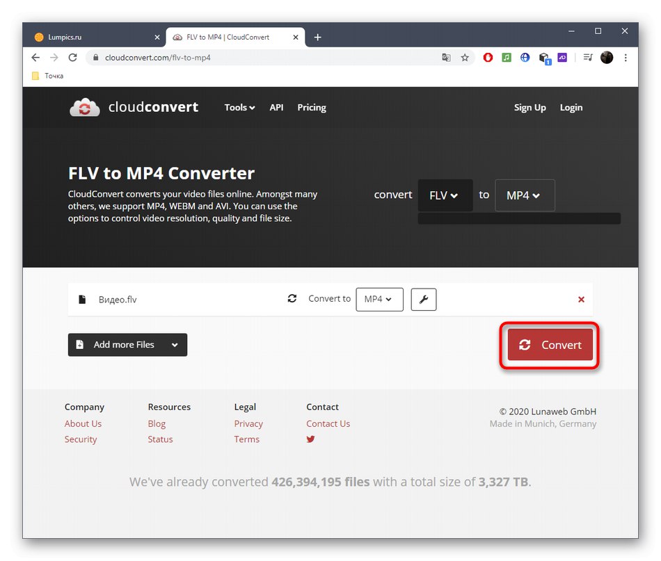 Стартиране на FLV в MP4 процес на преобразуване чрез CloudConvert Online Service