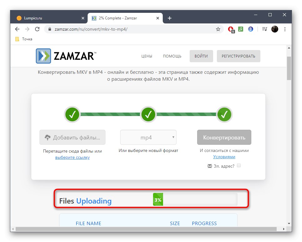 Процес на качване на файлове за конвертиране на MKV в MP4 чрез Zamzar
