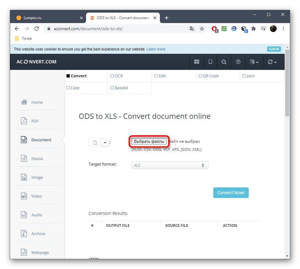 Prejdite na výber súborov na prevod ODS na XLS prostredníctvom služby online Aconvert
