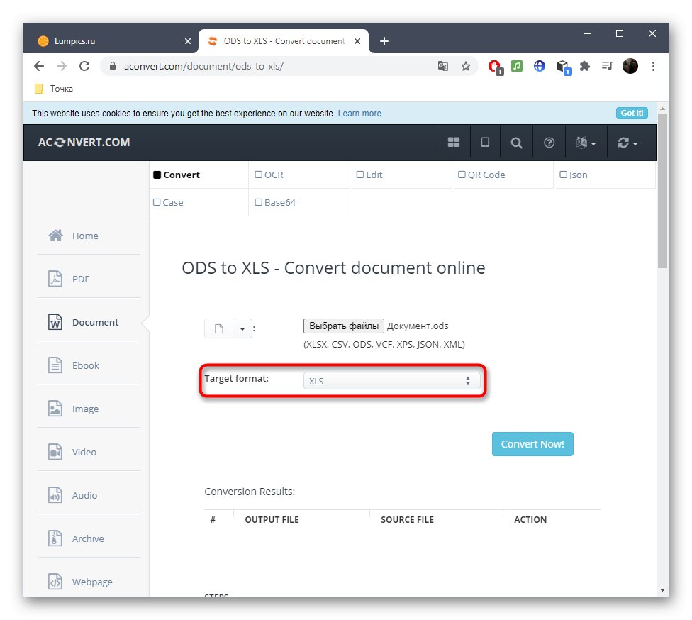 Výber formátu na prevod ODS na XLS prostredníctvom online služby Aconvert
