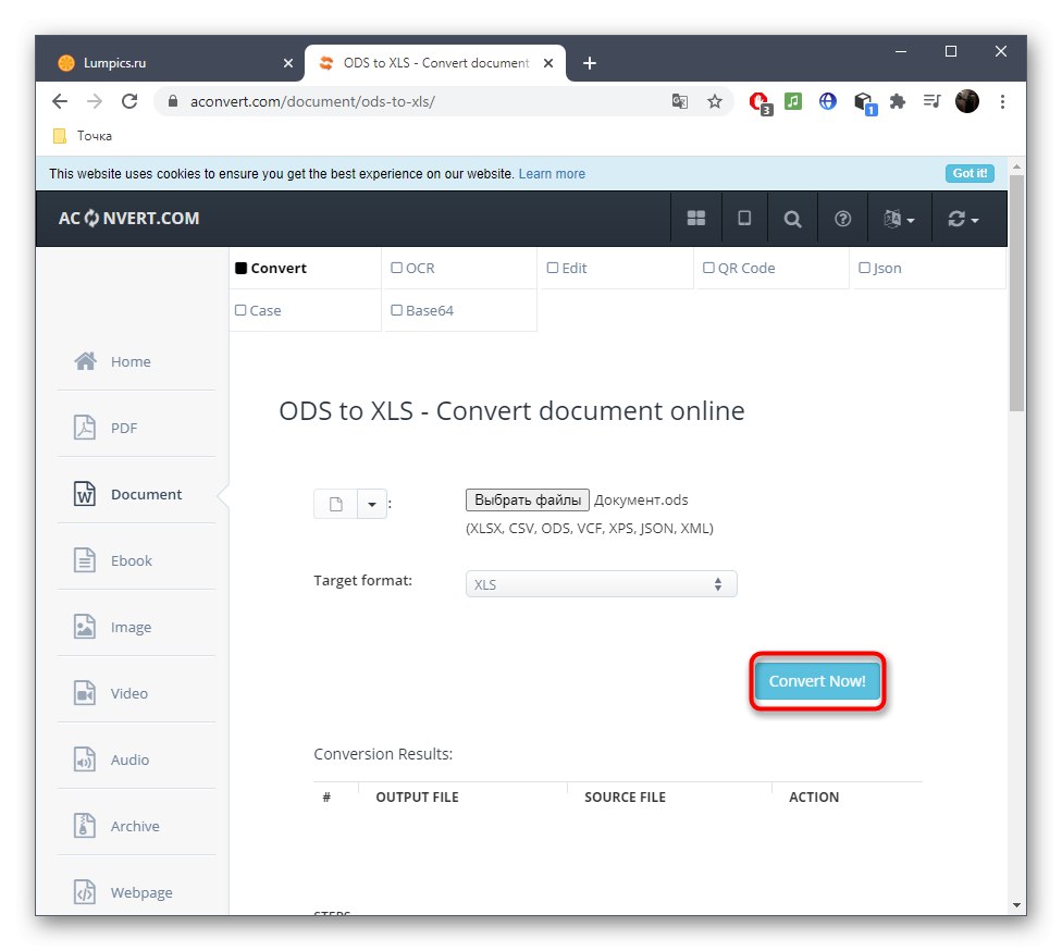 Spustenie procesu konverzie ODS na XLS prostredníctvom online služby Aconvert